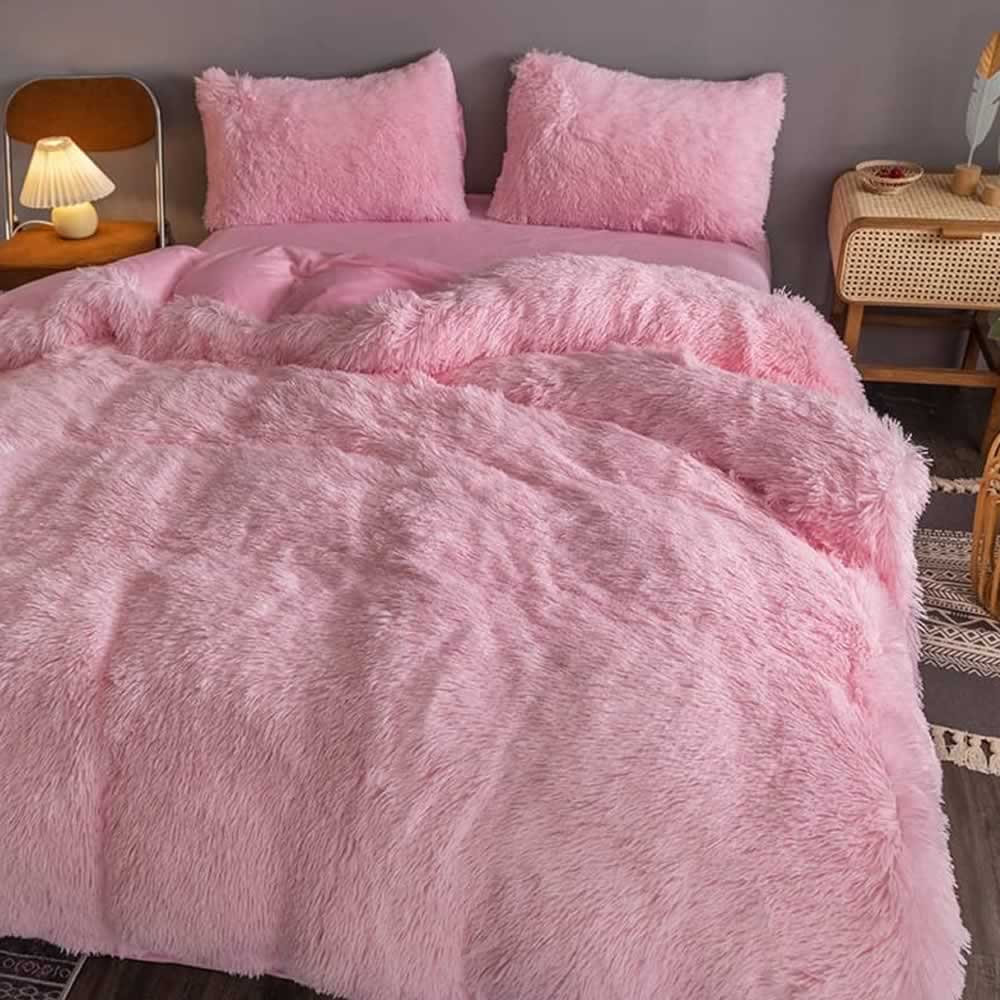 Luxury Plush Shaggy Bedding Set, Pink / UK King 4 Piece Set