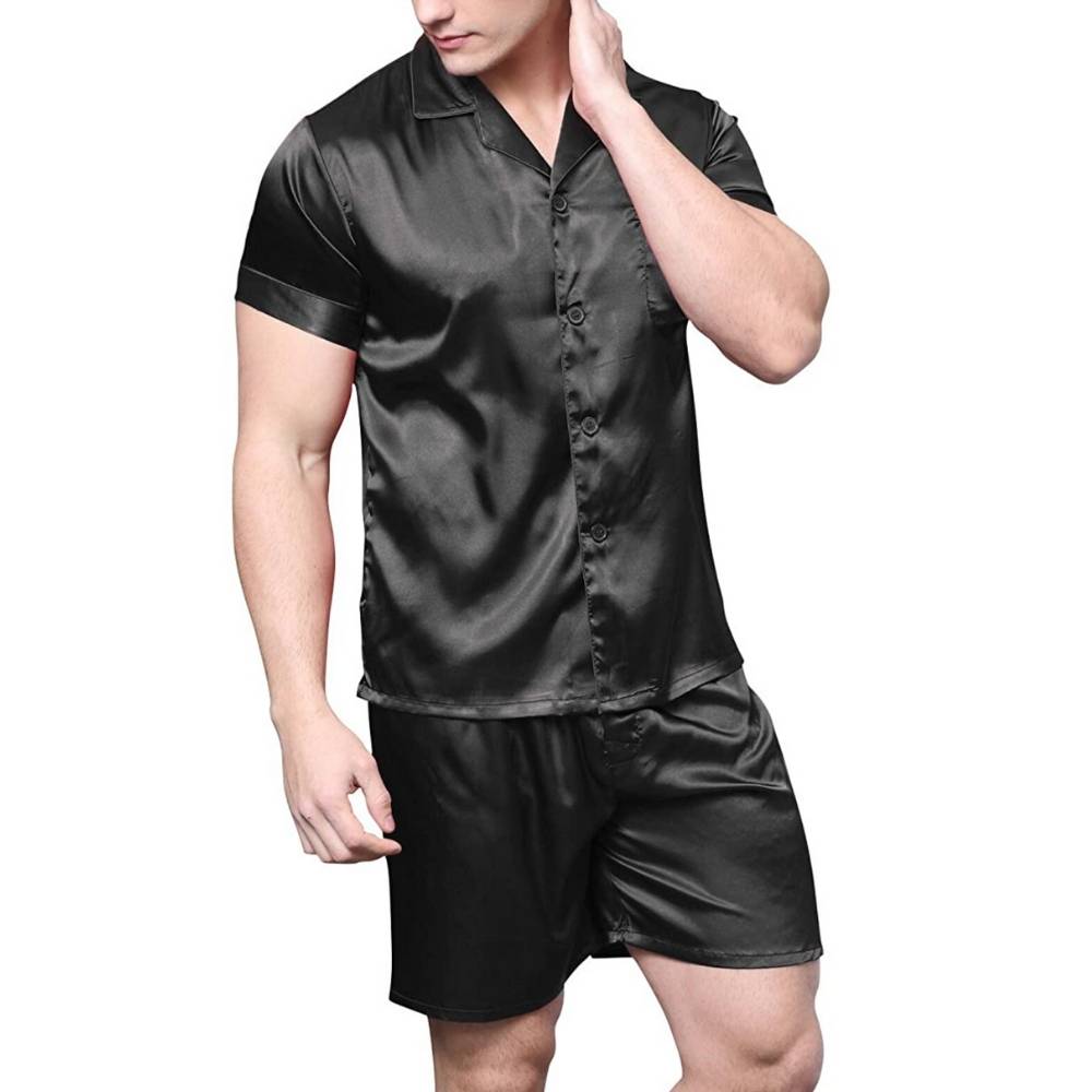 Mens Satin Pyjamas Set, Black, Large