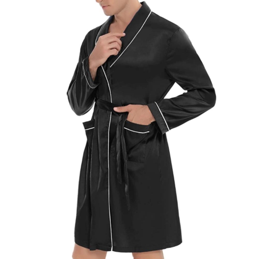 Mens Silky Satin Lounge Robe, Black, Extra Large
