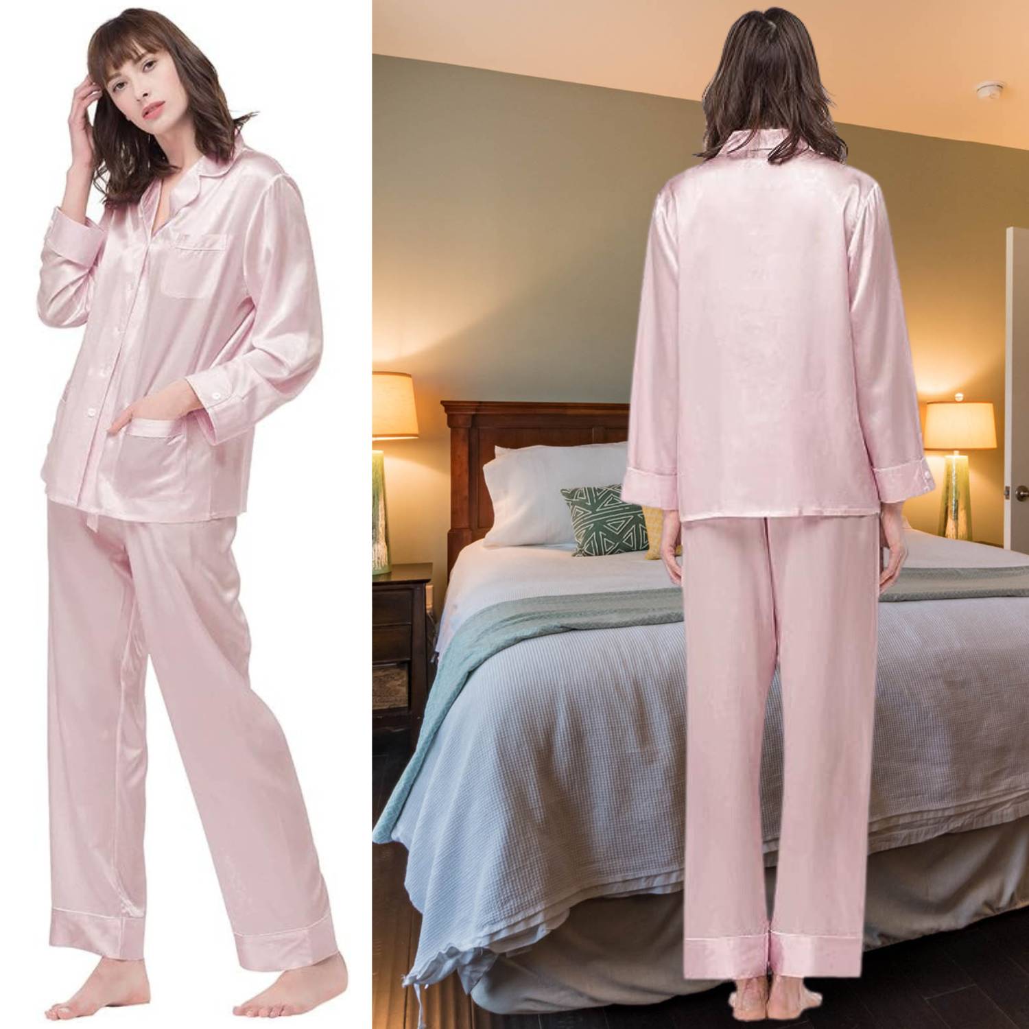 Mulberry Silk Long Pyjama Set - Pink / Small: image 4