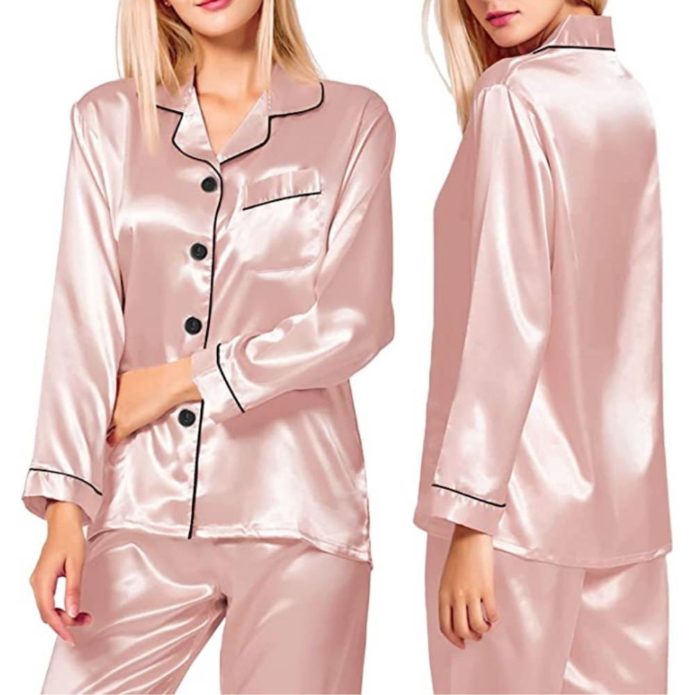 Satin Silk Long PJ Set, Pink, 2XL