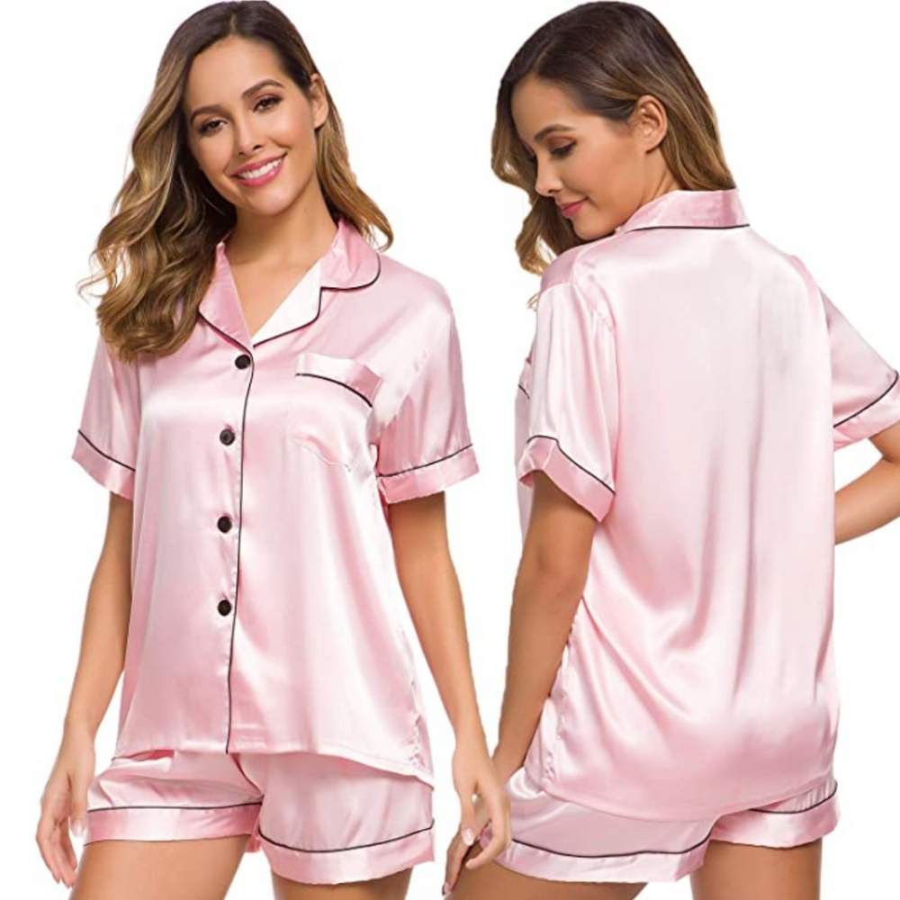 Womens Silk Satin Pyjamas, Pink, 2XL