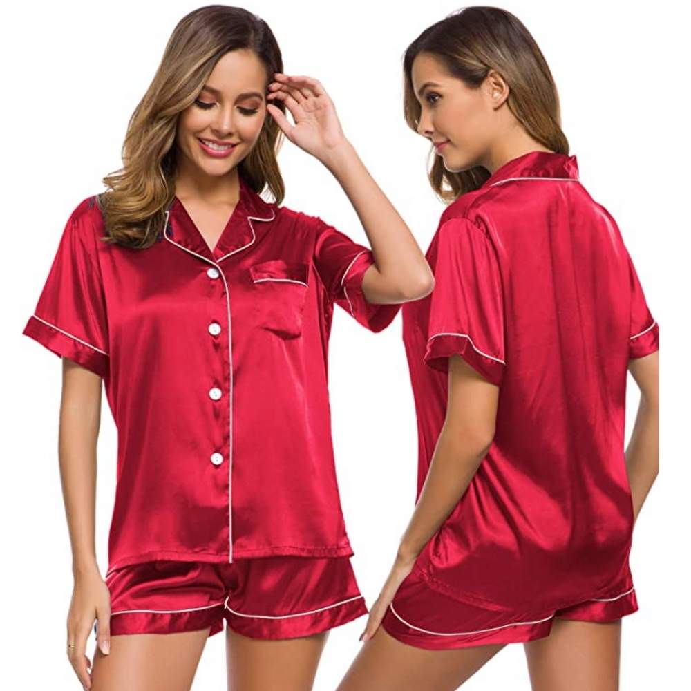 Womens Silk Satin Pyjamas, Red, Large
