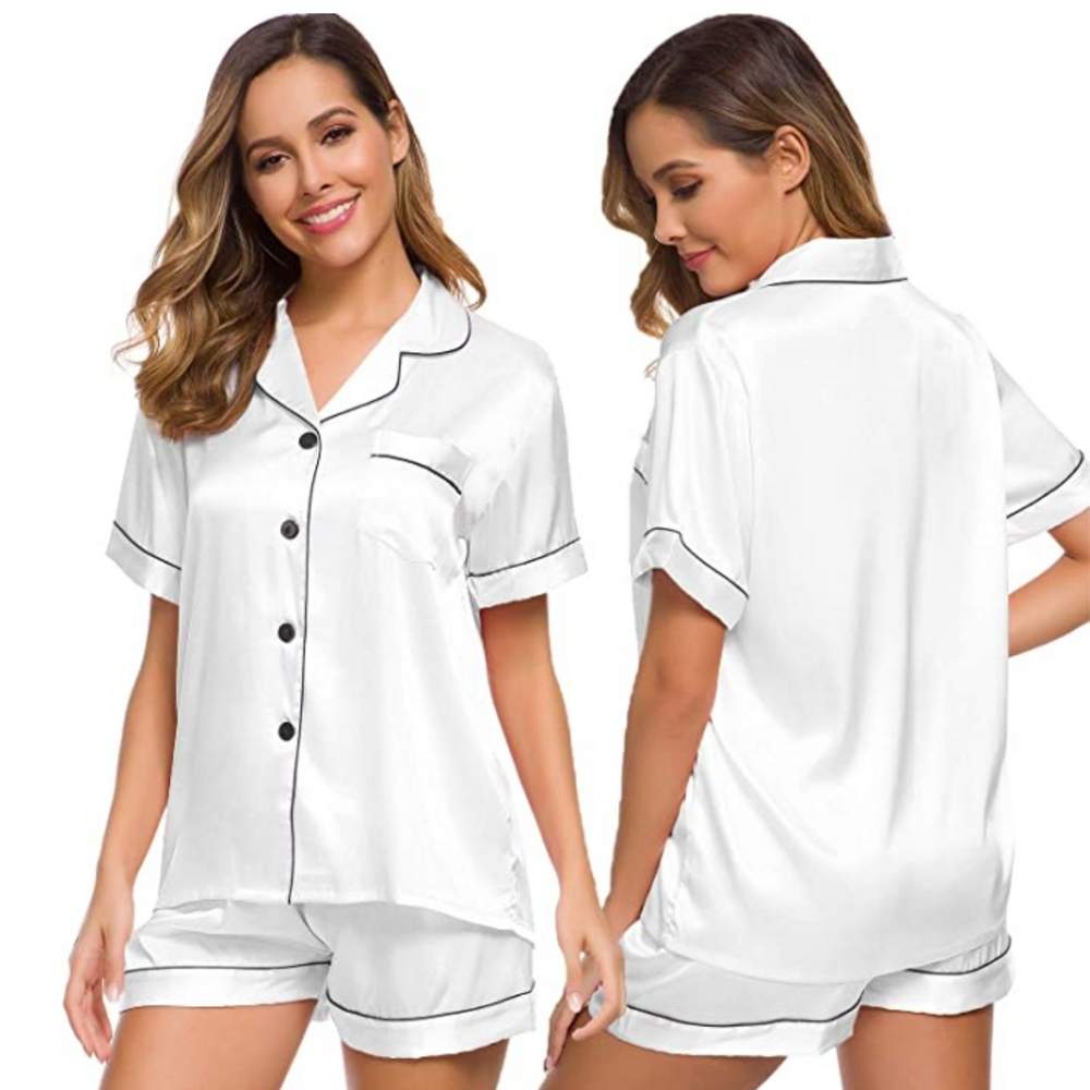 Womens Silk Satin Pyjamas, White, 2XL
